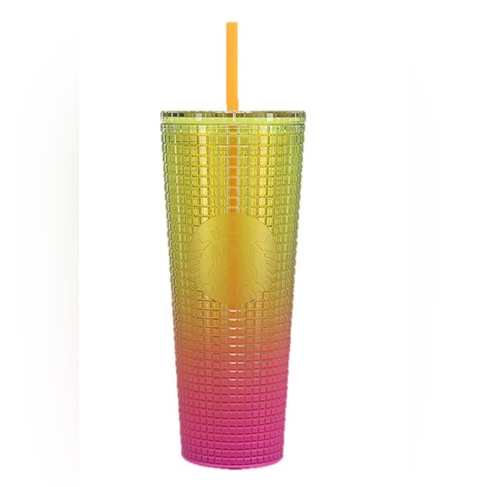 🆕Starbucks Pink Lemonade Neon Yellow Ombré Grid Disco Tumbler🆕